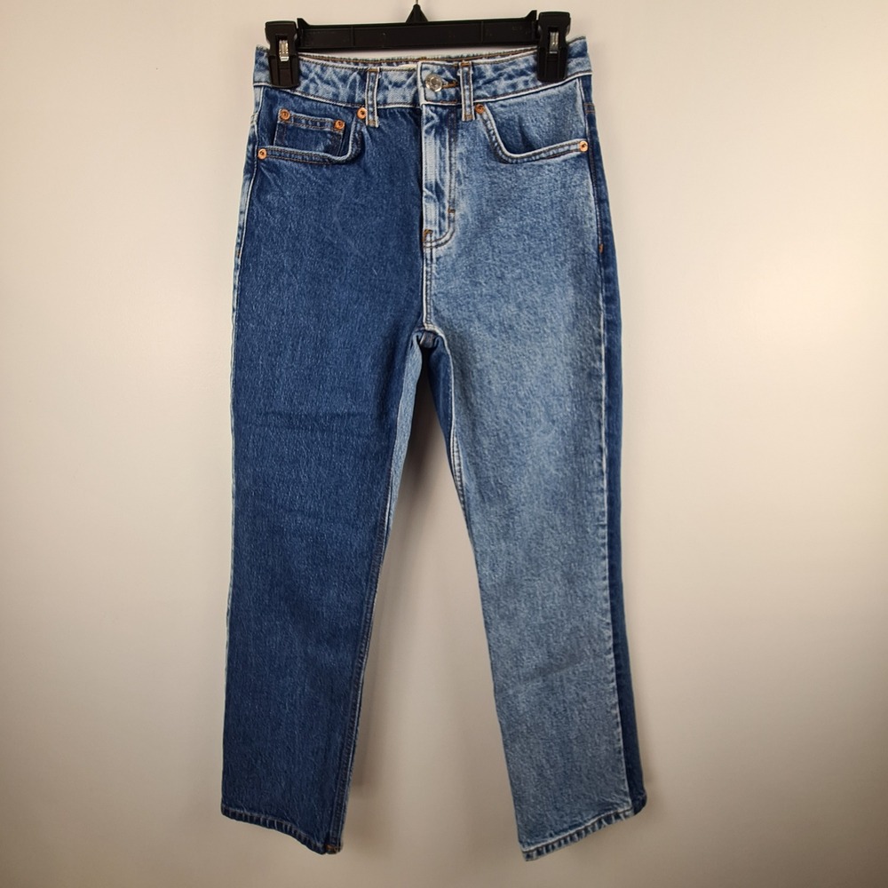 Topshop Two Tone Blue Straight Leg Jeans W26 High Rise Colorblock Denim  Street